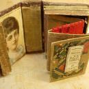 Minitaure Antique Sewing box kit 18th century with portrait inside and original egg eyed needles