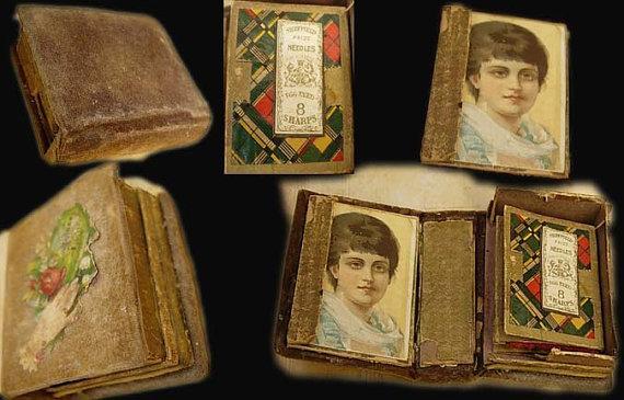 Minitaure Antique Sewing box kit 18th century with portrait inside and original egg eyed needles