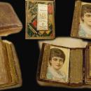 Minitaure Antique Sewing box kit 18th century with portrait inside and original egg eyed needles