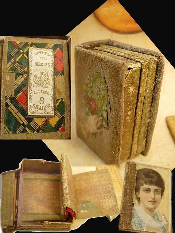 Minitaure Antique Sewing box kit 18th century with portrait inside and original egg eyed needles