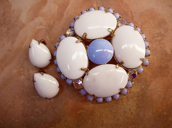 VIntage Milkglass rhinestone brooch and earrings baby blue milk glass
