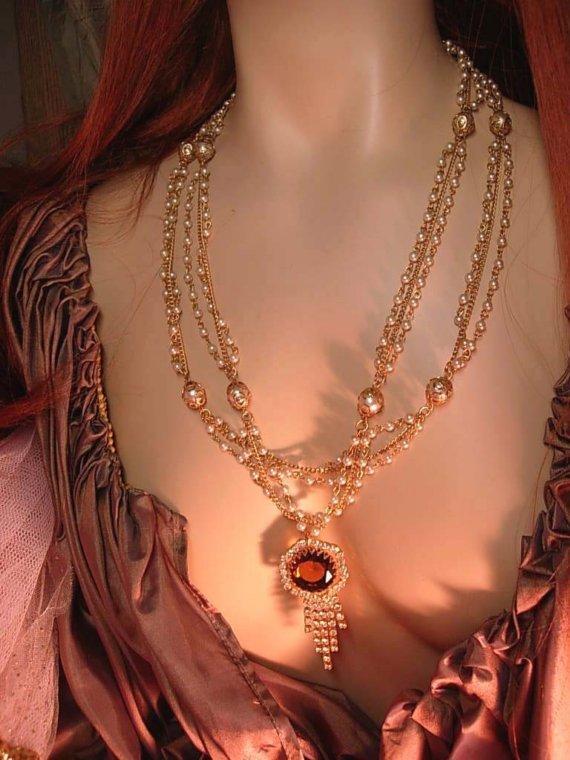 Vintage Edwardian pearl swag GLass topaz rhinestone necklace