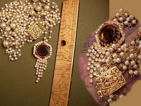 Vintage Edwardian pearl swag GLass topaz rhinestone necklace