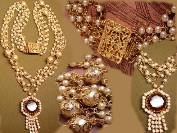 Vintage Edwardian pearl swag GLass topaz rhinestone necklace