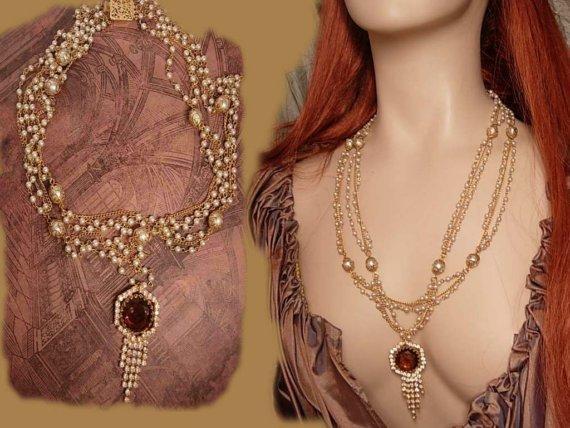 Vintage Edwardian pearl swag GLass topaz rhinestone necklace