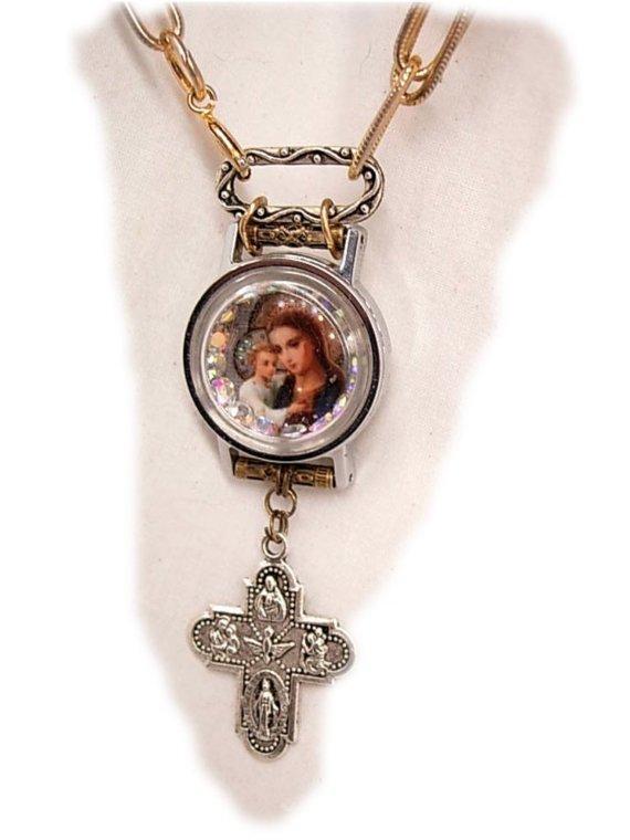 Bejeweled REligious Hanging Cross miniature Icon rhinestone Necklace