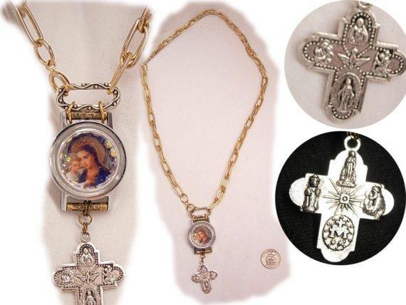 Bejeweled REligious Hanging Cross miniature Icon rhinestone Necklace
