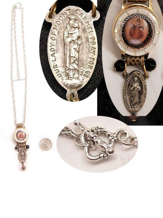 Bejeweled REligious Hanging Cross miniature Icon rhinestone Necklace
