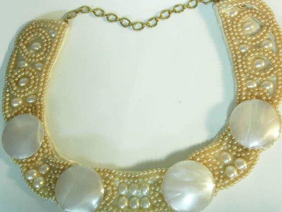 Vintage Glam HUGE Faux PEarl Runway Fashion necklace choker Hand sewn signed