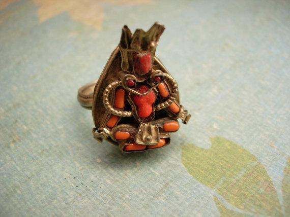 Antique Chinese Coral Goddess ring Medieval mythological Queen