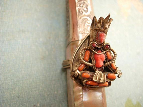 Antique Chinese Coral Goddess ring Medieval mythological Queen