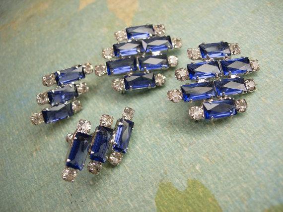 VIntage Open back Rhinestone Duette and screw On earrings Brilliant sapphire blue baguettes