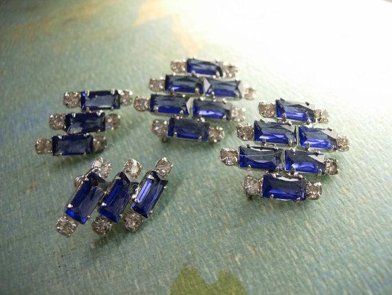 VIntage Open back Rhinestone Duette and screw On earrings Brilliant sapphire blue baguettes