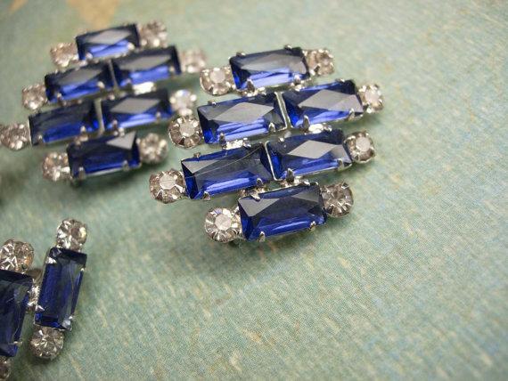 VIntage Open back Rhinestone Duette and screw On earrings Brilliant sapphire blue baguettes