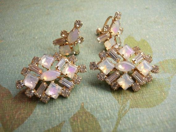 VIntage Moonstone and rhinestone duette brooch and screw on earrings