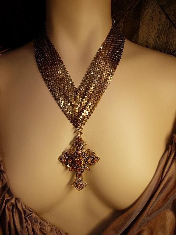 HUge vintage Czech jeweled cross on ornate mesh necklace renaissance and goth revival