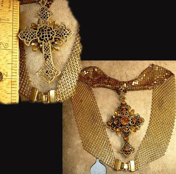 HUge vintage Czech jeweled cross on ornate mesh necklace renaissance and goth revival