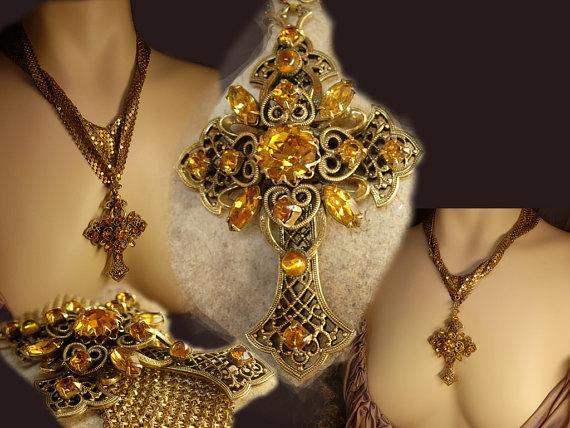 HUge vintage Czech jeweled cross on ornate mesh necklace renaissance and goth revival