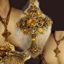 HUge vintage Czech jeweled cross on ornate mesh necklace renaissance and goth revival