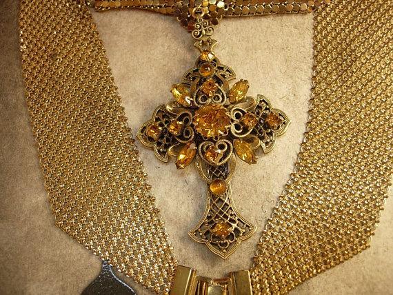 HUge vintage Czech jeweled cross on ornate mesh necklace renaissance and goth revival