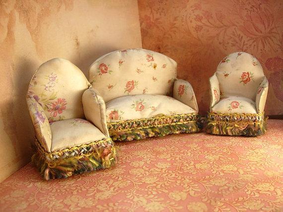 Antique Silk Doll sofa and chairs Miniature doll furniture made in NY