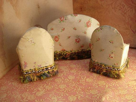 Antique Silk Doll sofa and chairs Miniature doll furniture made in NY