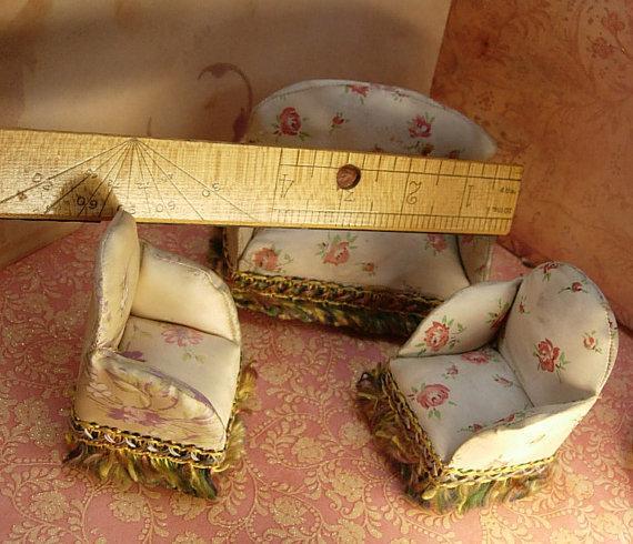 Antique Silk Doll sofa and chairs Miniature doll furniture made in NY