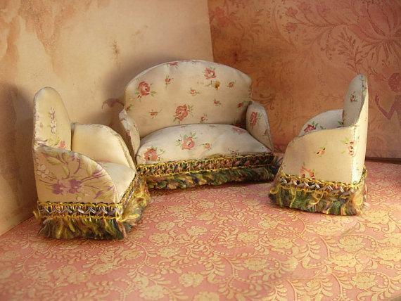 Antique Silk Doll sofa and chairs Miniature doll furniture made in NY