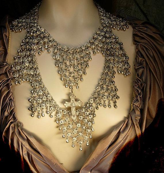 Medieval Goddess necklace Gothic antique cross HUGe statement collar bib religious cross