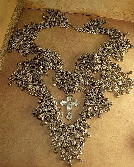 Medieval Goddess necklace Gothic antique cross HUGe statement collar bib religious cross