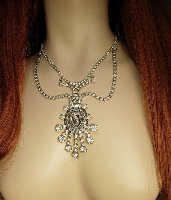 Paste rhinestone Flapper necklace Religious Icon portrait with huge sprays of rhinestones Wedding necklace