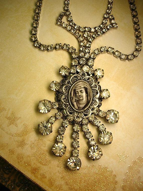 Paste rhinestone Flapper necklace Religious Icon portrait with huge sprays of rhinestones Wedding necklace