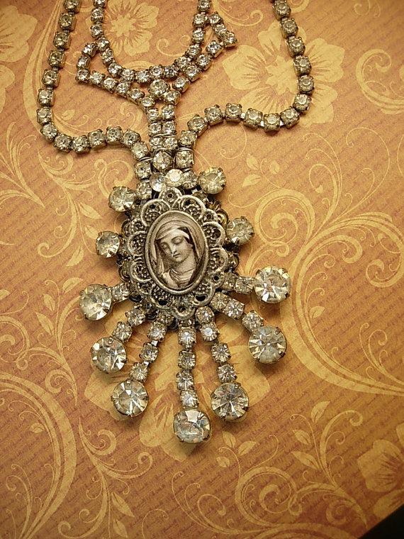 Paste rhinestone Flapper necklace Religious Icon portrait with huge sprays of rhinestones Wedding necklace