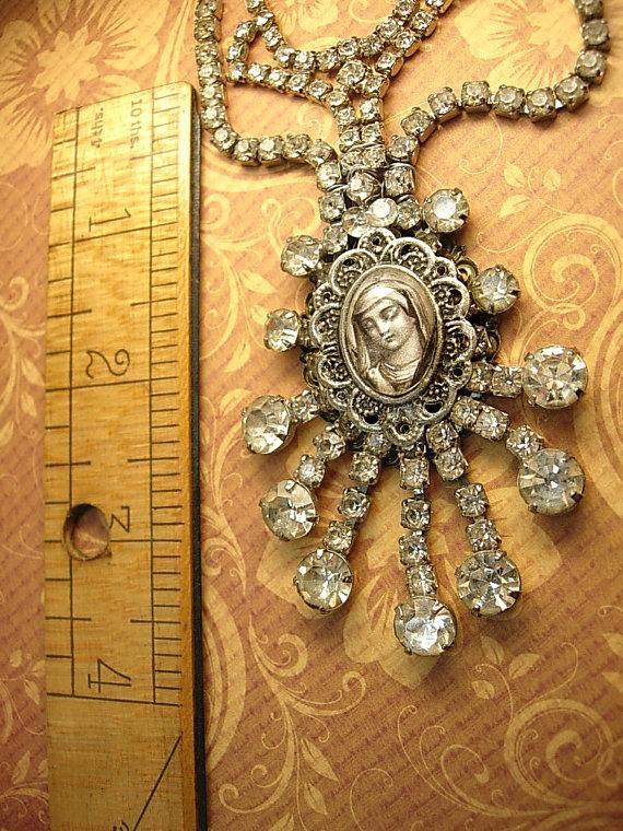 Paste rhinestone Flapper necklace Religious Icon portrait with huge sprays of rhinestones Wedding necklace