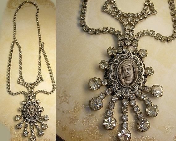Paste rhinestone Flapper necklace Religious Icon portrait with huge sprays of rhinestones Wedding necklace