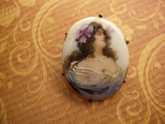 Antique Mucha Brooch Painted porcelain portait Bohemian Goddess with flower in her hair