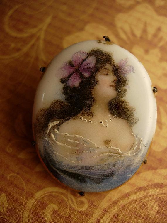 Antique Mucha Brooch Painted porcelain portait Bohemian Goddess with flower in her hair