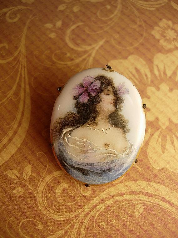 Antique Mucha Brooch Painted porcelain portait Bohemian Goddess with flower in her hair