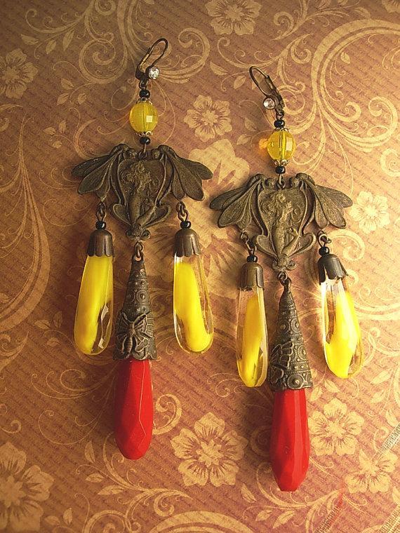 Vintage Czech Earrings DRAMATIC Glass chandelier drops nouveau fairy with wings and butterfly shoulder duster