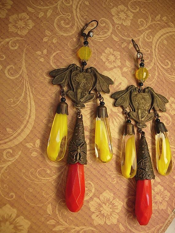 Vintage Czech Earrings DRAMATIC Glass chandelier drops nouveau fairy with wings and butterfly shoulder duster