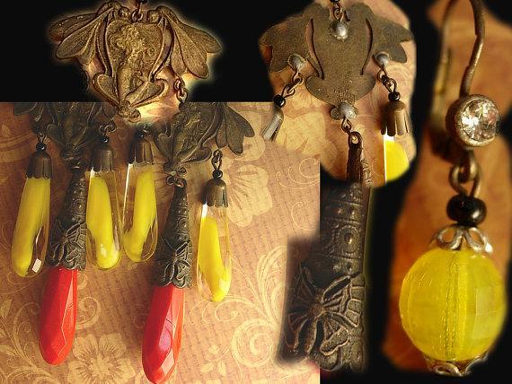 Vintage Czech Earrings DRAMATIC Glass chandelier drops nouveau fairy with wings and butterfly shoulder duster