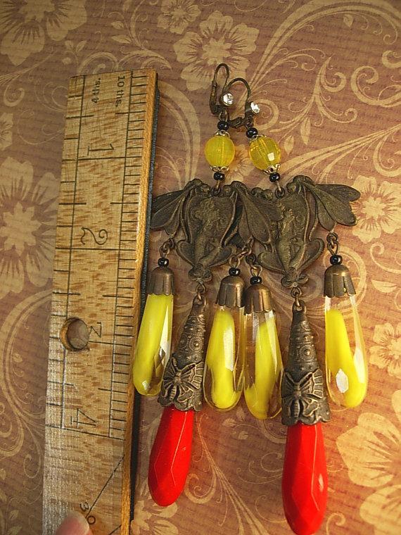 Vintage Czech Earrings DRAMATIC Glass chandelier drops nouveau fairy with wings and butterfly shoulder duster