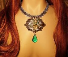 HUGE Enamel necklace Rhinestone collar choker Aurora Borealis Fleur de lis prism pendant drop OOAK