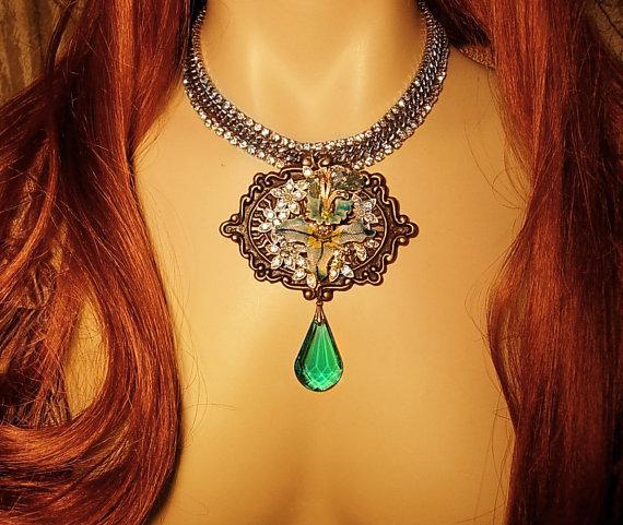 HUGE Enamel necklace Rhinestone collar choker Aurora Borealis Fleur de lis prism pendant drop OOAK