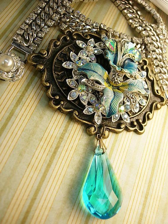HUGE Enamel necklace Rhinestone collar choker Aurora Borealis Fleur de lis prism pendant drop OOAK