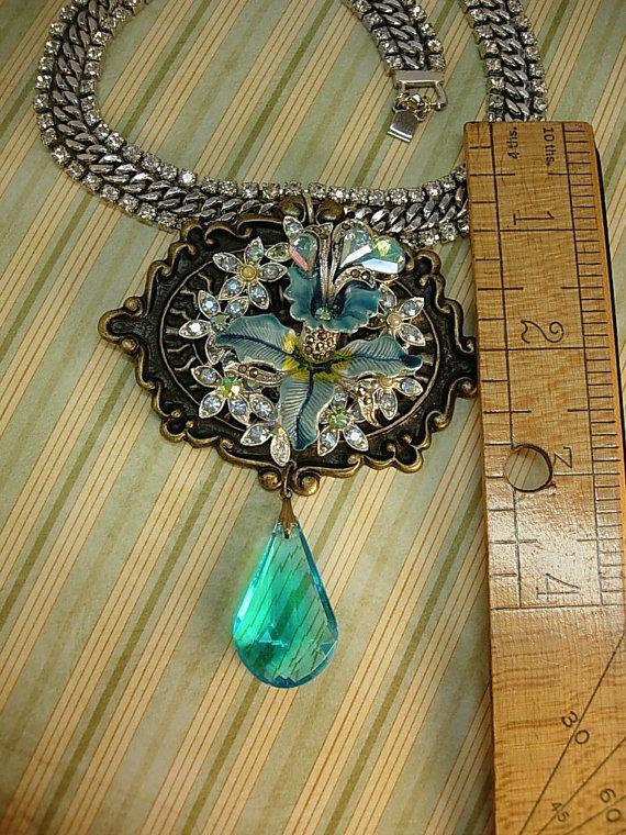 HUGE Enamel necklace Rhinestone collar choker Aurora Borealis Fleur de lis prism pendant drop OOAK