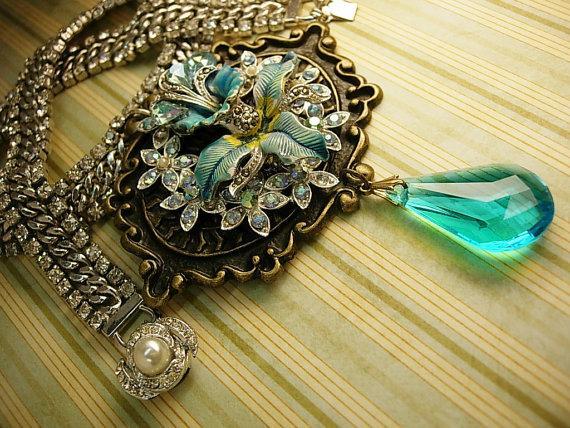 HUGE Enamel necklace Rhinestone collar choker Aurora Borealis Fleur de lis prism pendant drop OOAK
