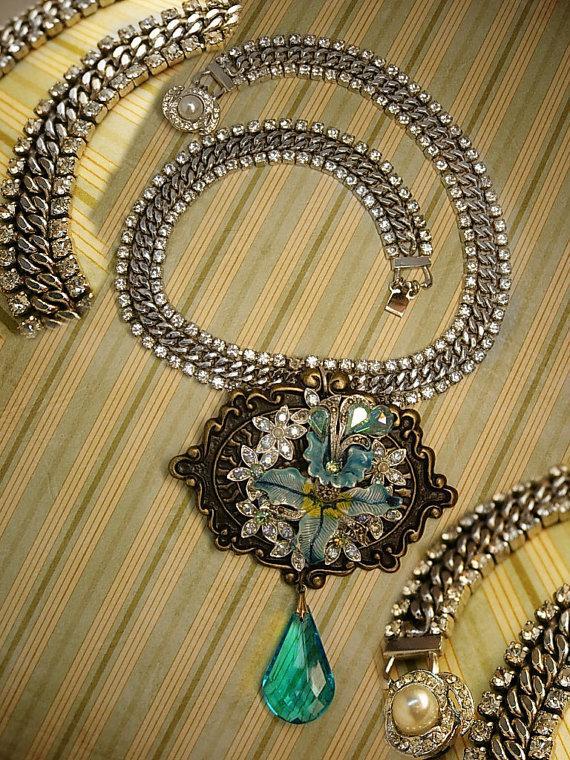 HUGE Enamel necklace Rhinestone collar choker Aurora Borealis Fleur de lis prism pendant drop OOAK