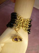 Vintage black glass bracelet 6 row bracelet amethyst charm fob bracelet costume jewelry