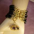 Vintage black glass bracelet 6 row bracelet amethyst charm fob bracelet costume jewelry